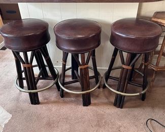 John Isner for Ficks Reed Swivel vinyl seat bar stools, some wear, 28"H x 14"W