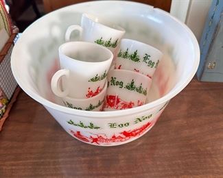 Anchor Hocking Egg Nog bowl and cups (bowl has a chip) 