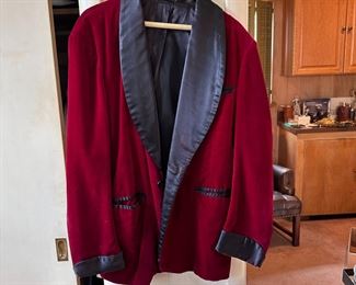 Heffner-style satin and velvet smoking jacket, some wear and minor discoloration size L