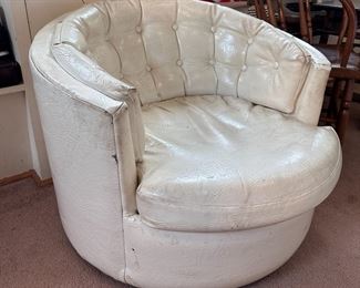 Carter Chair Corp, vintage vinyl swivel barrel chair, some tears, low profile 32"W