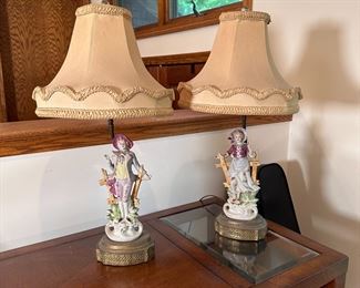 Pair of porcelain figural lamps, fragile shades, 22"H