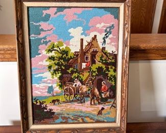   Needlepoint scene of country home with horse drawn wagon 20" x 15"