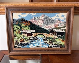 Needlepoint of stone bridge with a mountains in background 12" x 16"