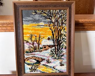 Needlepoint snow covered cottage along a stream 12" x 16"