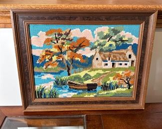 Needlepoint of cottage by a stream in the fall with boat 12" x 16"