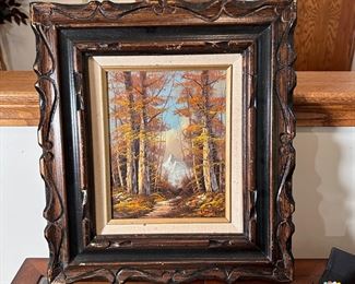 Oil painting of a forest pathway in the fall leading toward snowy mountains 19" x 17"