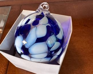 Blue and white blown glass 3" ornament