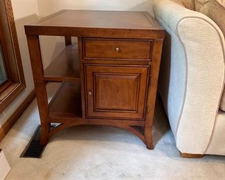 American Signature (L) side table with drawer, cupboard and shelves, nice condition, minor wear 29"H x 25"W x 30"D
