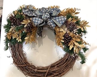 Vine wreath with pine cones and golden leaves 24"