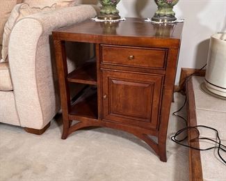 American Signature (R) side table with drawer, cupboard and shelves, nice condition, minor wear 29"H x 25"W x 30"D