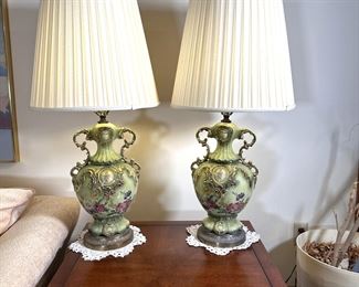 Pair of large hand-painted ceramic/porcelain lamps, very nice condition 30"H (body of lamp is 9"W)