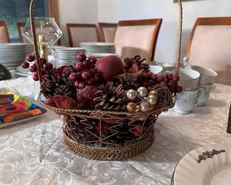 Sparkling gold wire Christmas basket with berry and pinecone arrangement 12"H