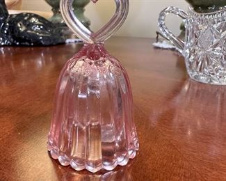 Fenton Glass pink bell with heart handle 4"H