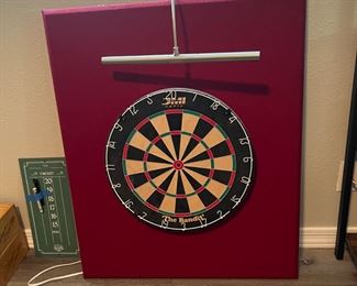 Dart board, backstop, light and scoreboard