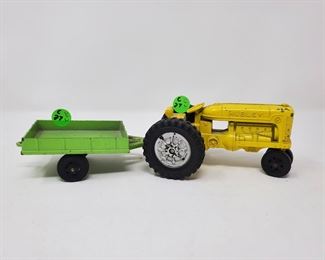 Hubley Metal Yellow Tractor with Green Trailer Kiddie Toy