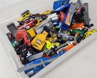 Mixed Bin of Hot Wheels, Matchbox, and Other Vehicles