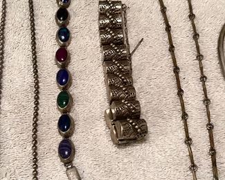 Awesome old Taxco ornate half-barrel bead bracelet with unique clasp & safety chain. 