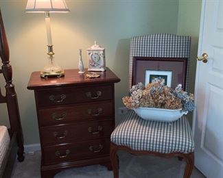 Nightstands, matching set. Plaid side chair, Hickory.  Candlestick lamps. 