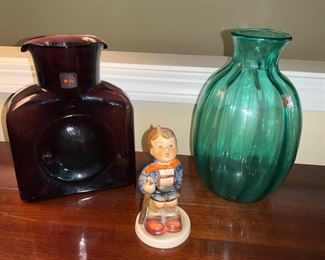 Blenko Glass, Red/Brown w/double spout. Green Blenko Glass vase, Hummel
