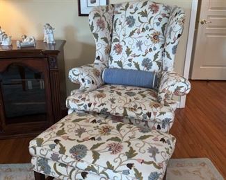 Crewel Work Custom Upholstered,  wingback chair w/ Matching ottoman