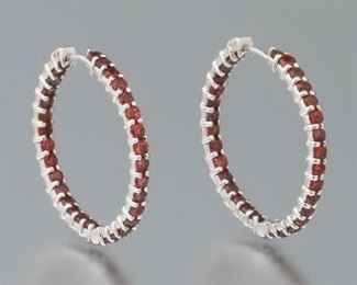  Pair of Gold and Garnet Inside and Out Hoop Earrings 