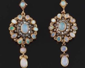 14K Gold Victorian Style Opal and Diamond Earrings