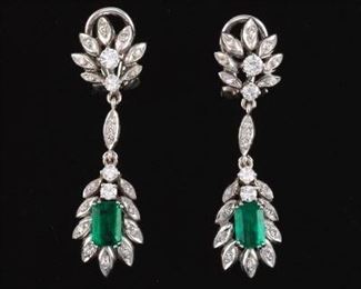 18K Diamond And Emerald Drop Earrings