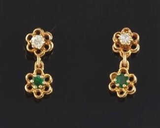 A Pair of Gold, Diamond and Emerald Earrings 