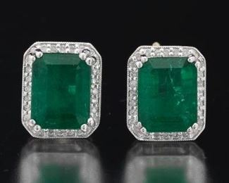 A Pair of Platinum, 5.44 Carat Emerald, and Diamond Earrings, AIGL Report 