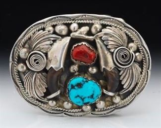 A Sterling Silver Turquoise and Coral Belt Buckle, Signed GA 