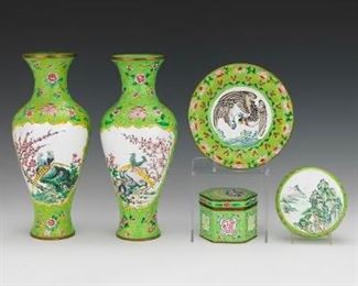 Antique Chinese Canton Enamelled Five Table Top Objects, Late Qing 