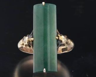 Antique Chinese Silver Gilt and Spinach Jadeite Jade Ring 