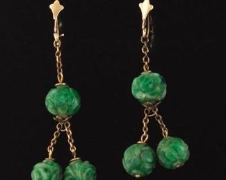 Antique Pair of Gold, Gold Filled and Carved Jadeite Jade Beads Earrings 