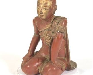 Antique SouthEast Asia Carved, Lacquered and Bejewelled Wood Sculpture of Young Buddha 