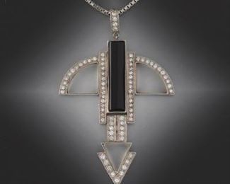 Art Deco Diamond, Onyx and Quartz Pendant