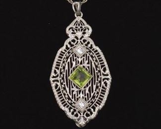 Art Deco Gold, Peridot, and Diamond Pendant on Chain 
