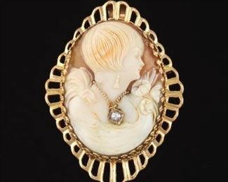 Art Deco Gold, Shell and Diamond Cameo 