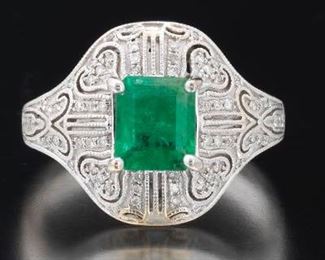 Art Deco Style Gold, Diamond, and Emerald Ring, IAS Report 