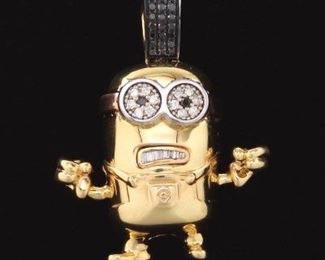 Artisan Gold, Platinum, Stainless Steel, White and Black Diamonds Minion Charm Pendant 