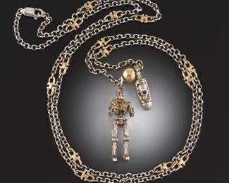 Artisan Gold, Sterling Silver, Ruby, Diamond Terminator Charm Pendant Necklace 