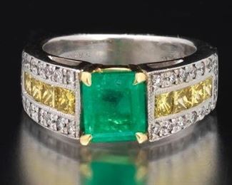 BARKEVS TwoTone Gold, Emerald, Yellow and White Diamond Ring 
