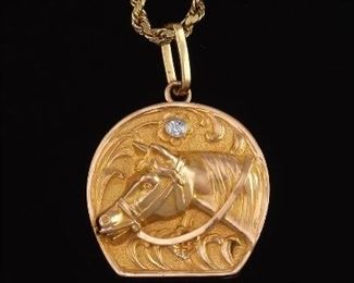 Beautiful Antique Gold and Diamond Equestrian Locket Pendant on Rope Chain 