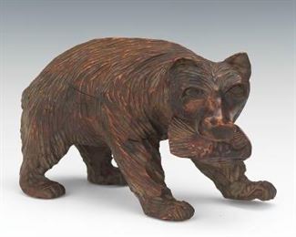 Black Forest Carved Wood Bear Catching Fish Sculpture 