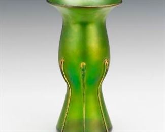 Bohemian Emerald Green Iridescent Gilt Glass Vase 