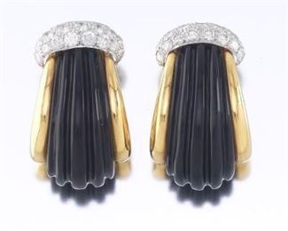 Charles Turi 18k Gold, Onyx, and Diamond Clipon Earrings 