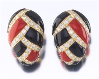Charles Turi Onyx, Coral, and Diamond ClipOn Earrings 