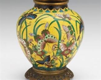 Chinese Antique Cloisonne Enamelled Hundred Butterflies Vase on Patinated Brass Base, Qing Dynasty 