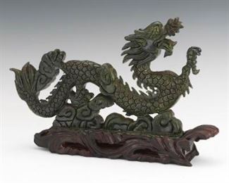 Chinese Carved Hard Stone Dragon Sculpture on Carved Wood Stand 