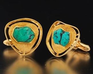 Continental Pair of Gold Plated Silver and Turquoise Cufflinks
