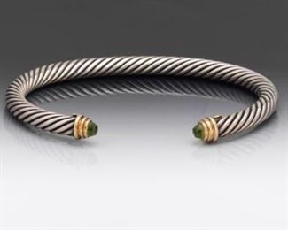 David Yurman Gold, Peridot and Sterling Silver Bangle